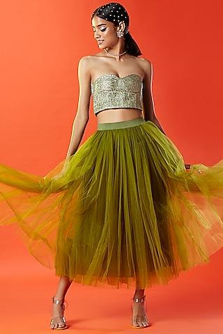 olive polyester mesh embellished corset top for girls