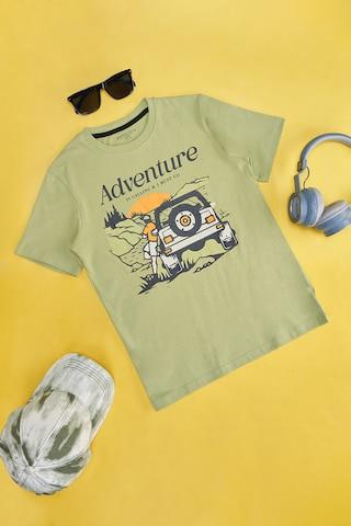 olive print casual half sleeves round neck boys regular fit t-shirt