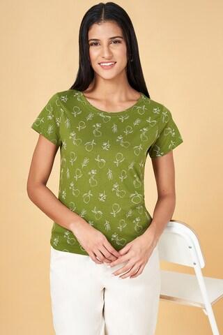 olive print casual half sleeves round neck women regular fit  t-shirt