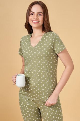 olive print cotton v neck women comfort fit tops