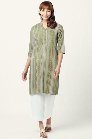 olive printed casual band collar 3/4th sleeves knee length women regular fit kurta