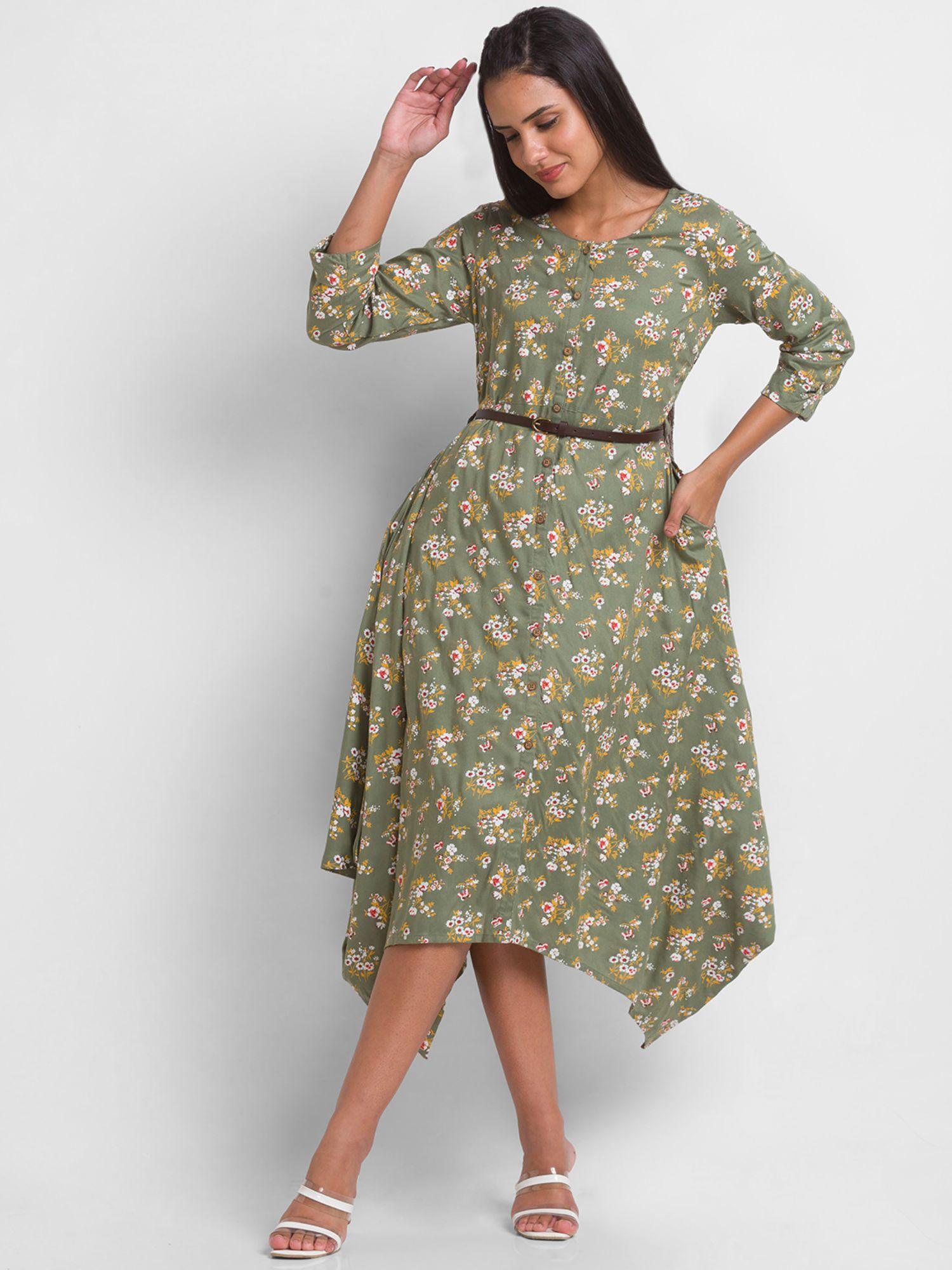 olive printed dress with belt (set of 2)