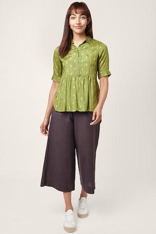 olive printed ethnic half sleeves regular collar women regular fit tunic
