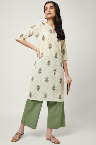 olive printed ethnic round neck 3/4th sleeves calf-length women regular fit kurta pant set