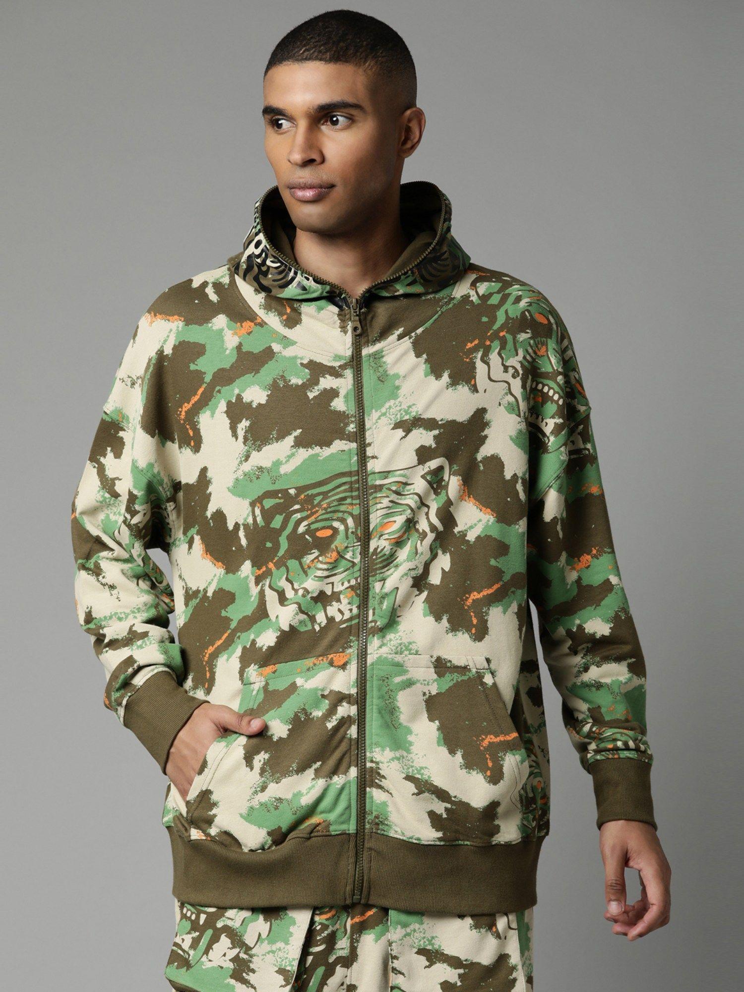 olive printed jacket, has a hood, kangaroo pockets, has a zip closure, long sleeves