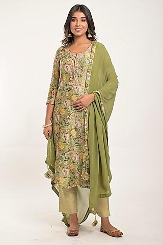 olive printed kurta set