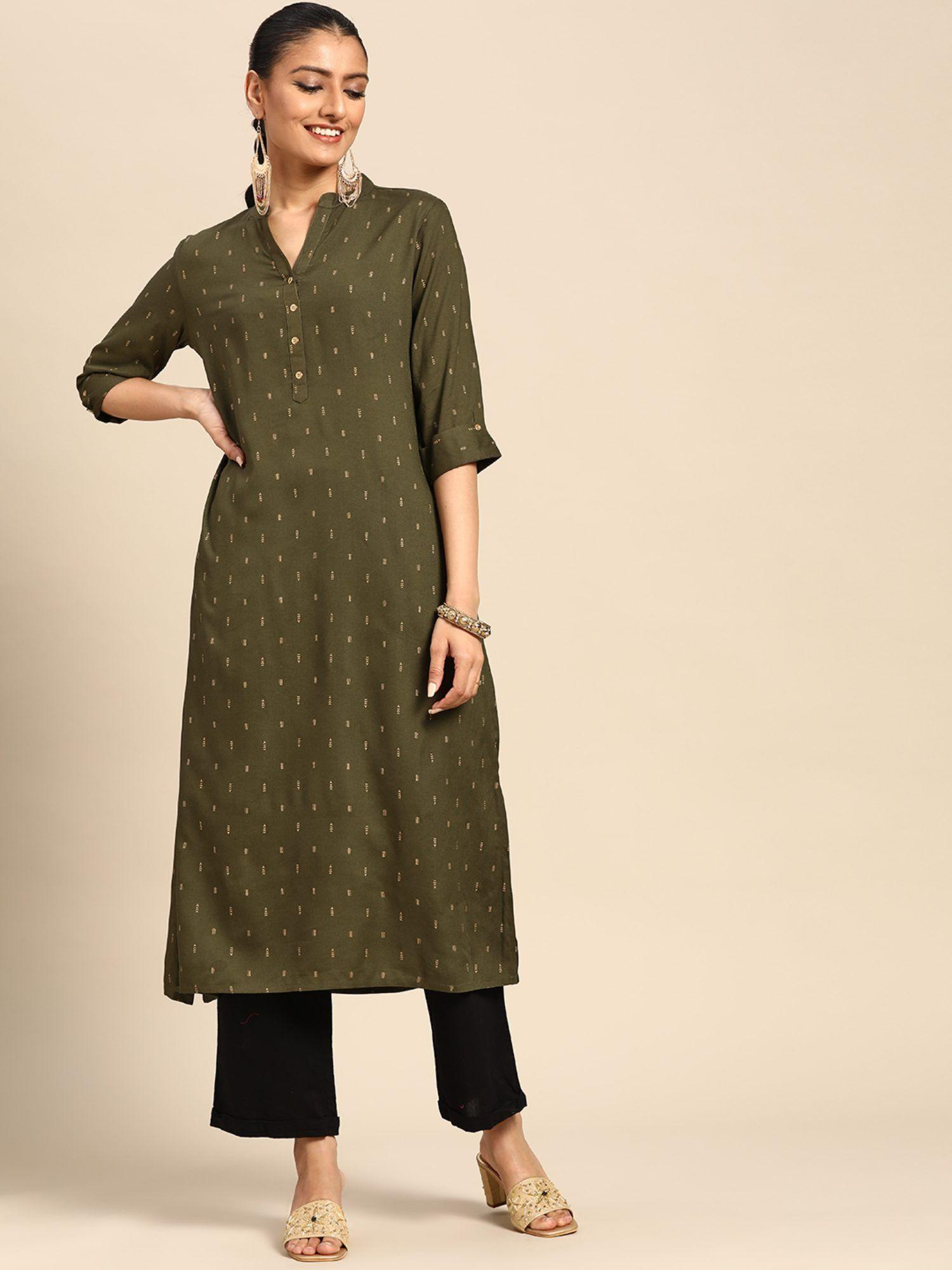 olive printed rayon straight kurta