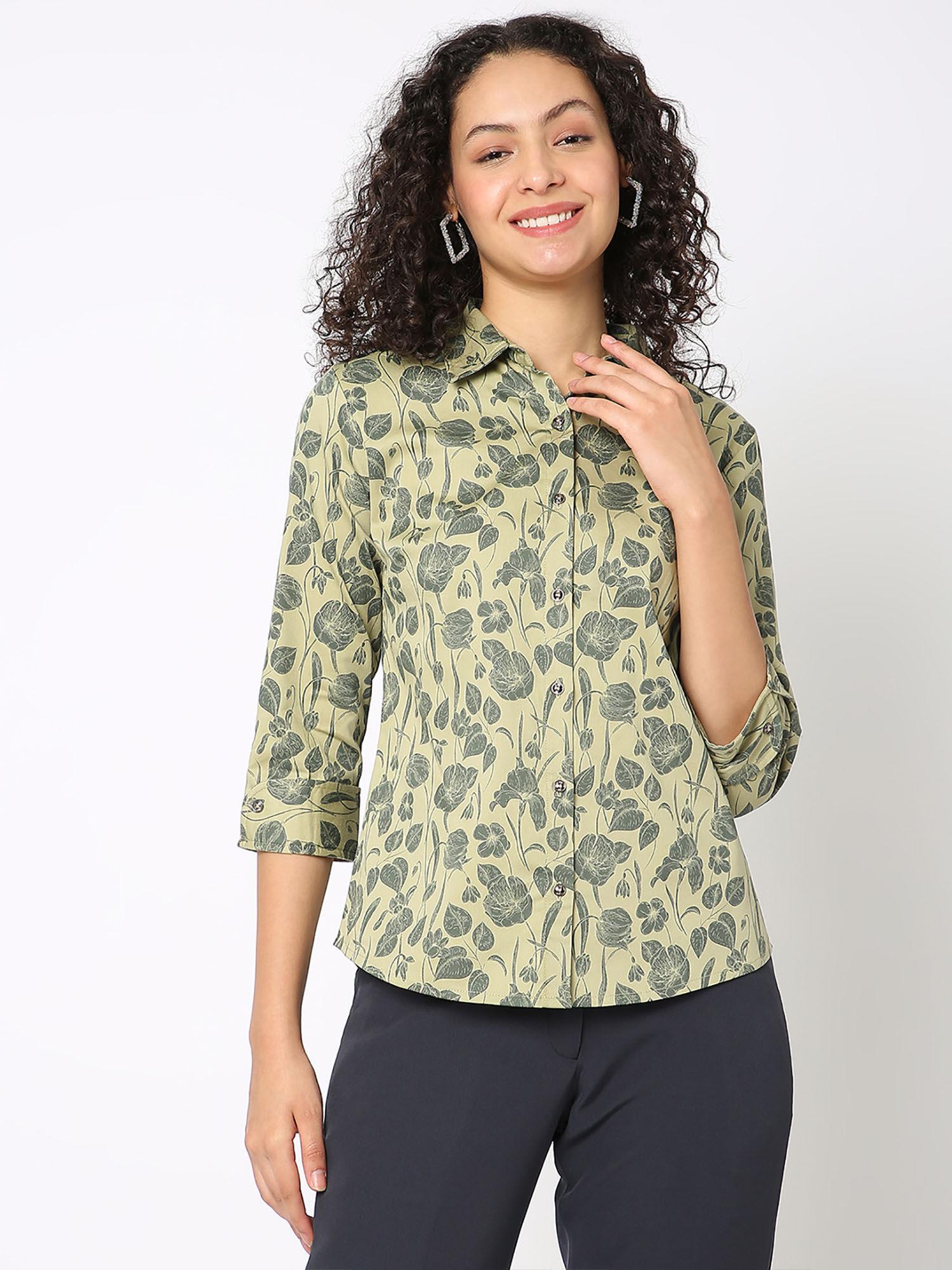 olive printed three fourth sleeve formal shirt