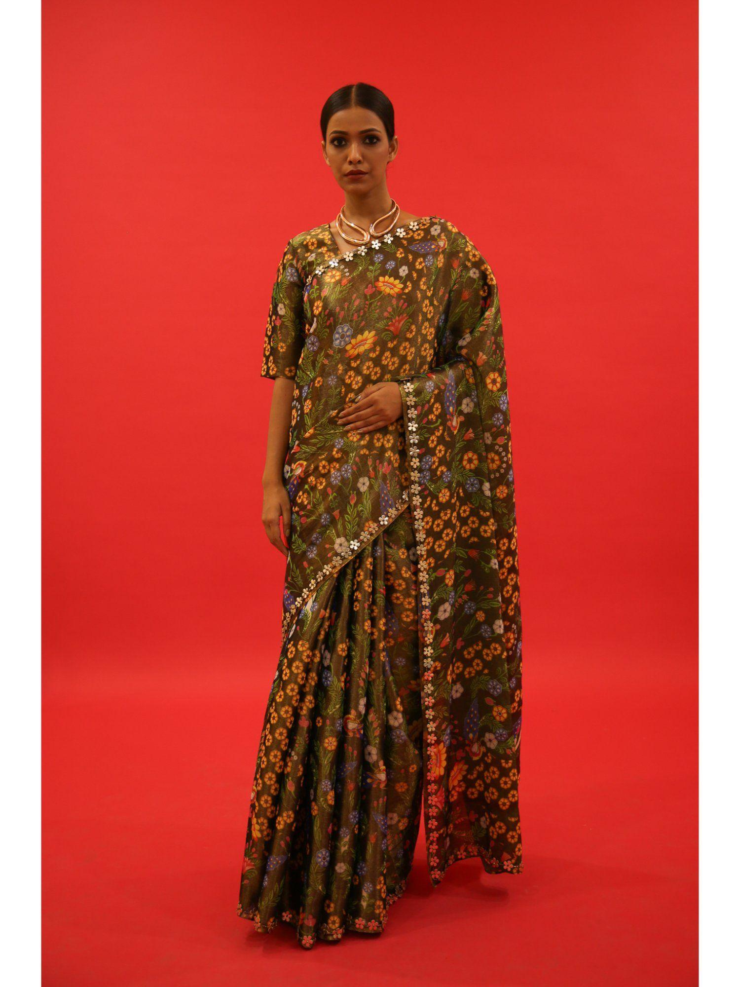 olive printed tissue saree with unstitched blouse