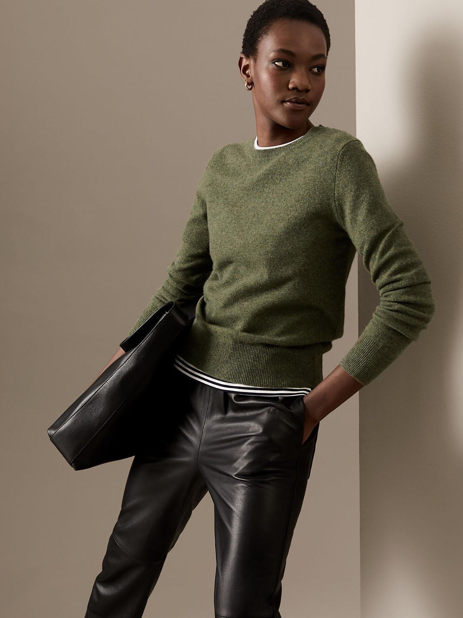 olive pure cashmere crew neck sweater