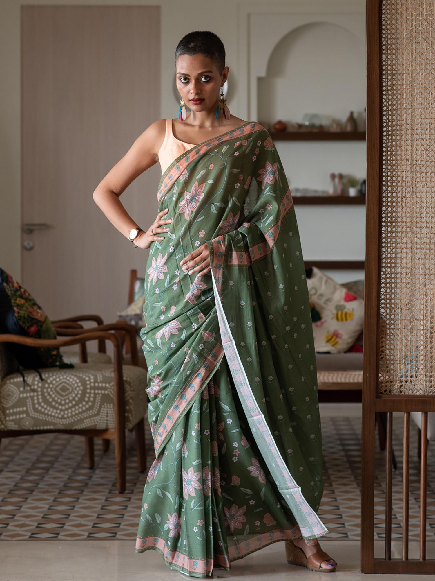 olive pure cotton floral printed saree