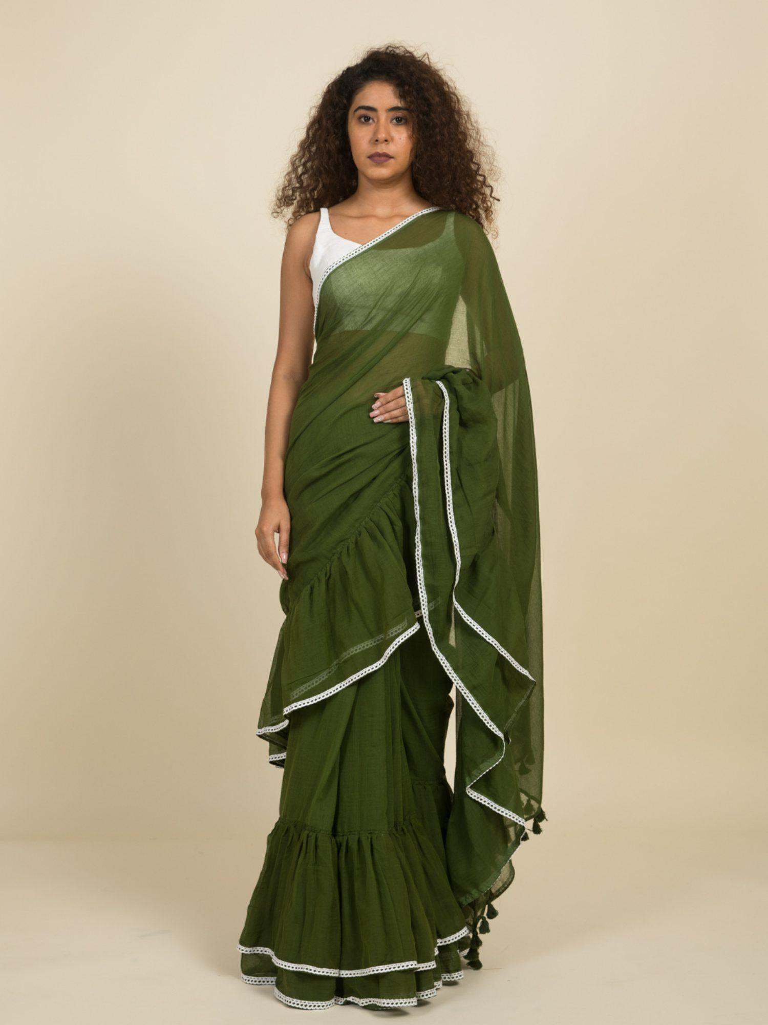 olive pure cotton ruffle saree with lace