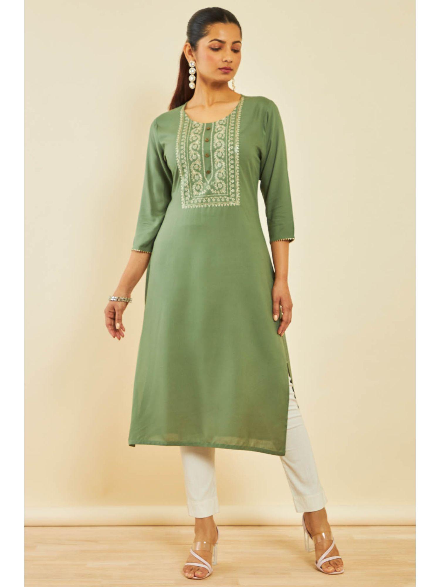 olive rayon embroidered kurta with gotta patti