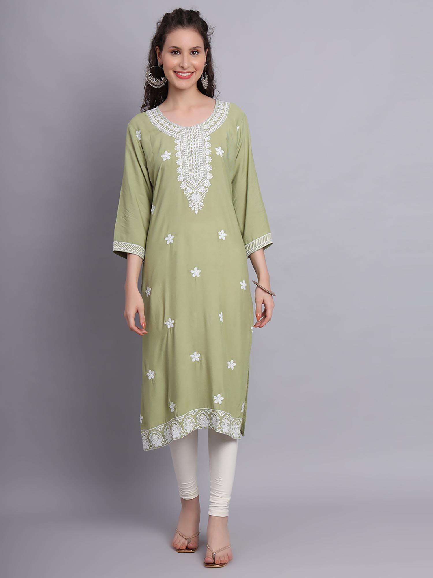 olive rayon lucknowi chikankari work straigh kurta