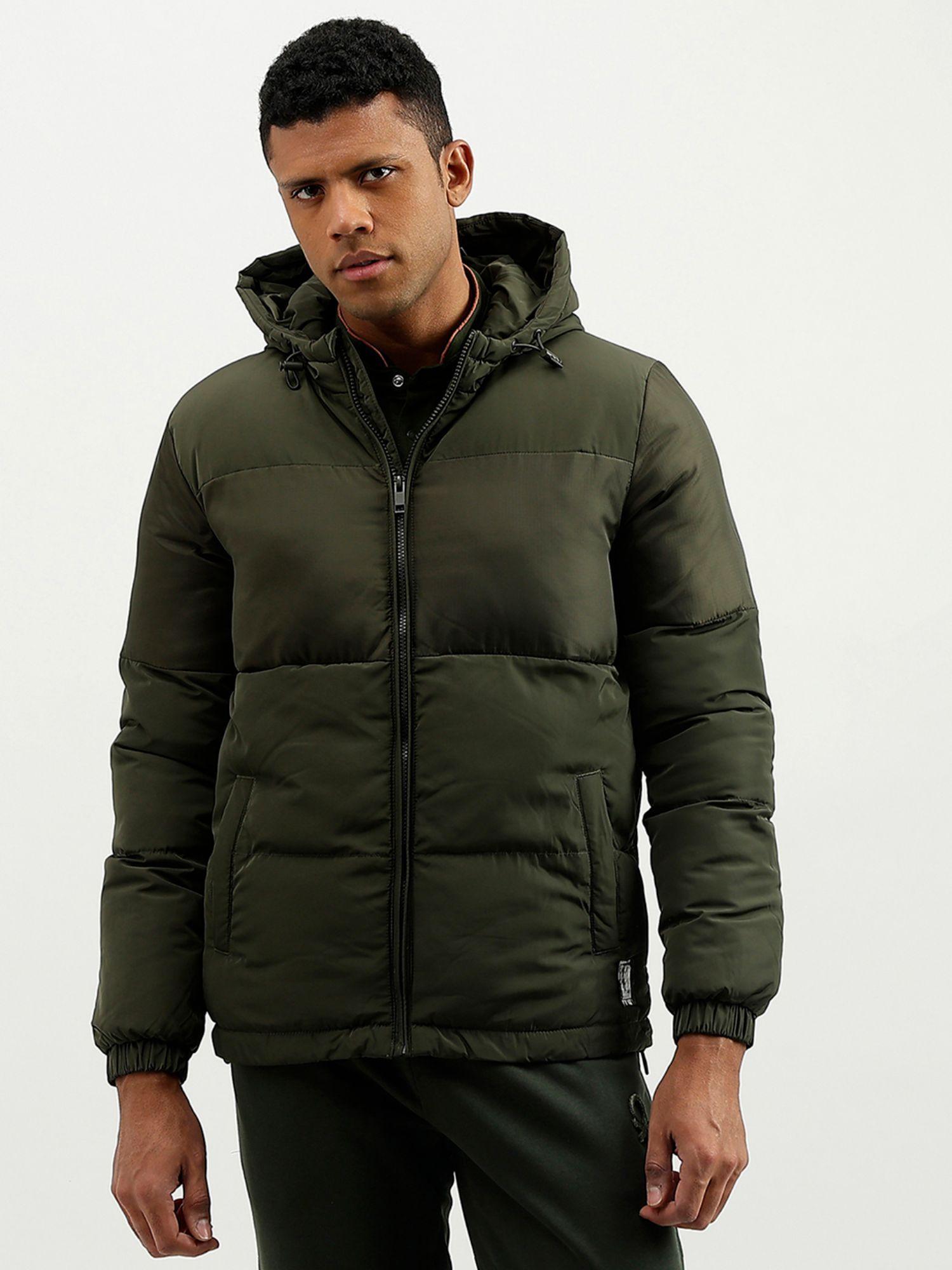olive regular fit hooded solid jacket