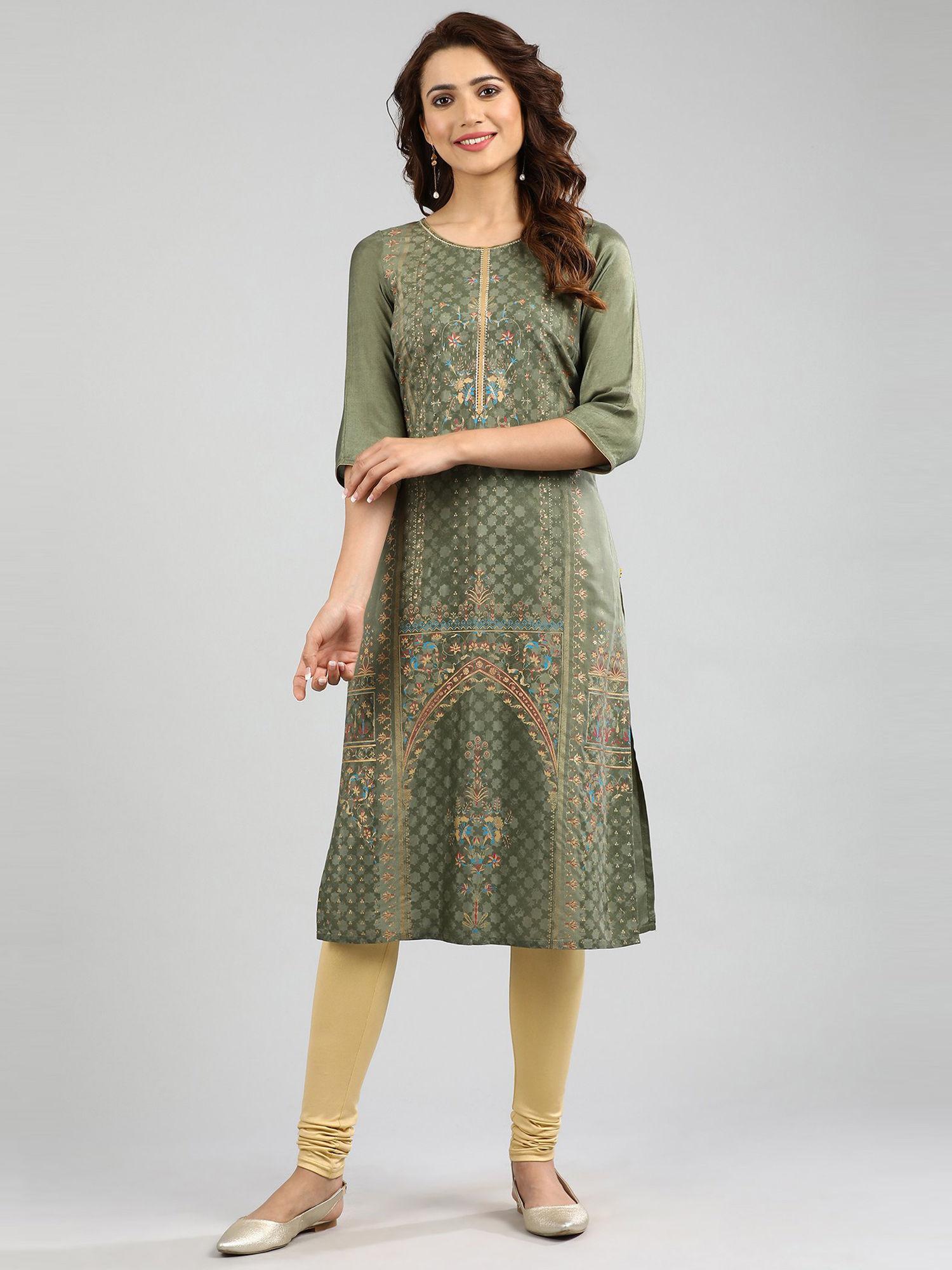 olive round neck printed kurta