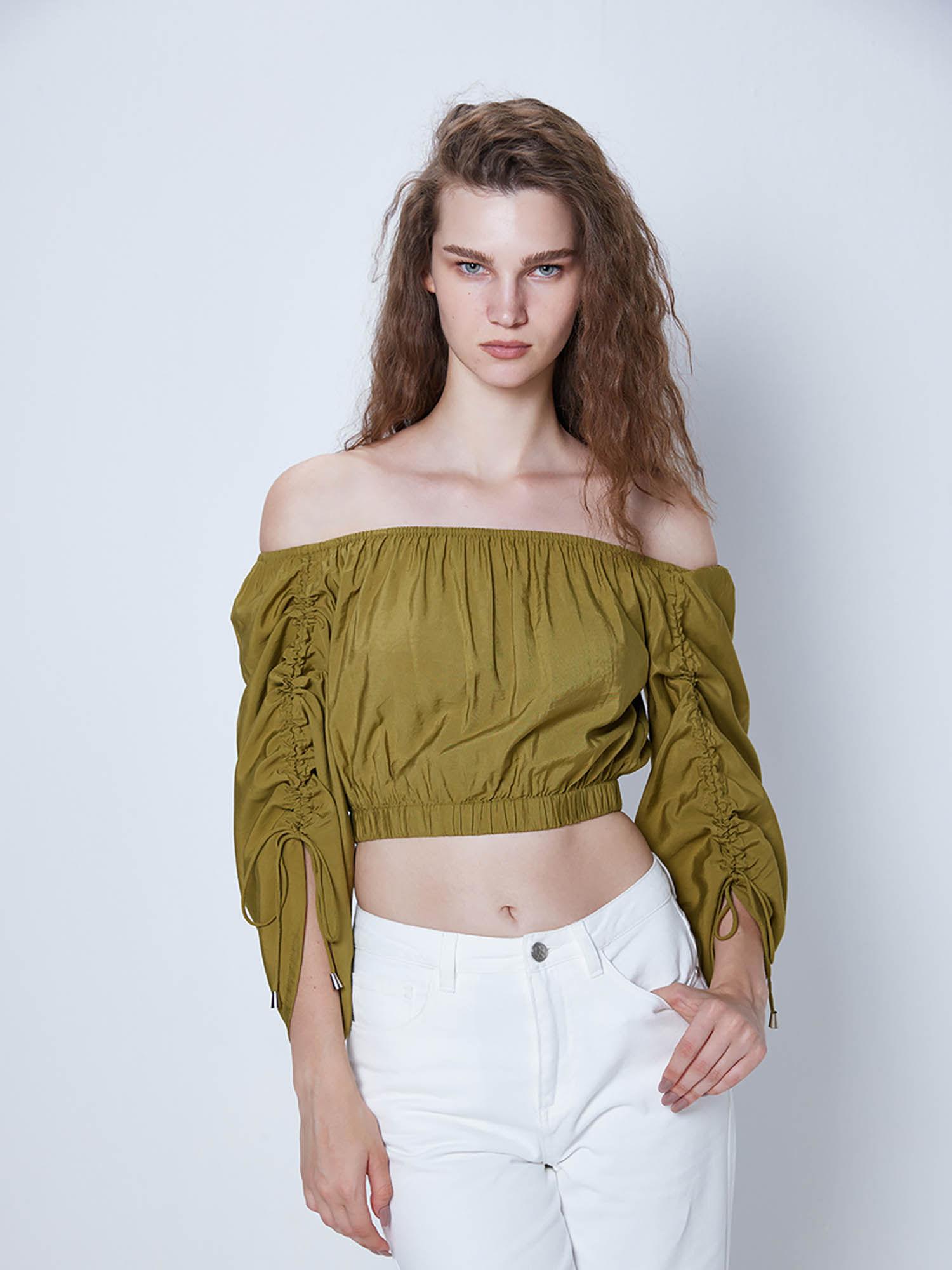 olive ruched off shoulder crop top