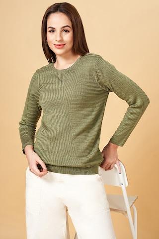 olive self design casual full sleeves round neck women regular fit sweater