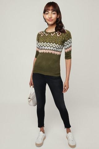 olive self design casual half sleeves round neck women regular fit sweater