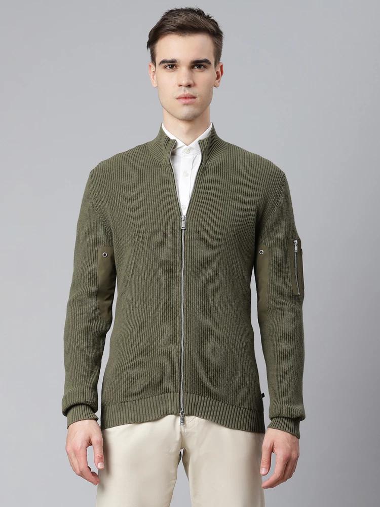 olive self-design stand collar cardigan