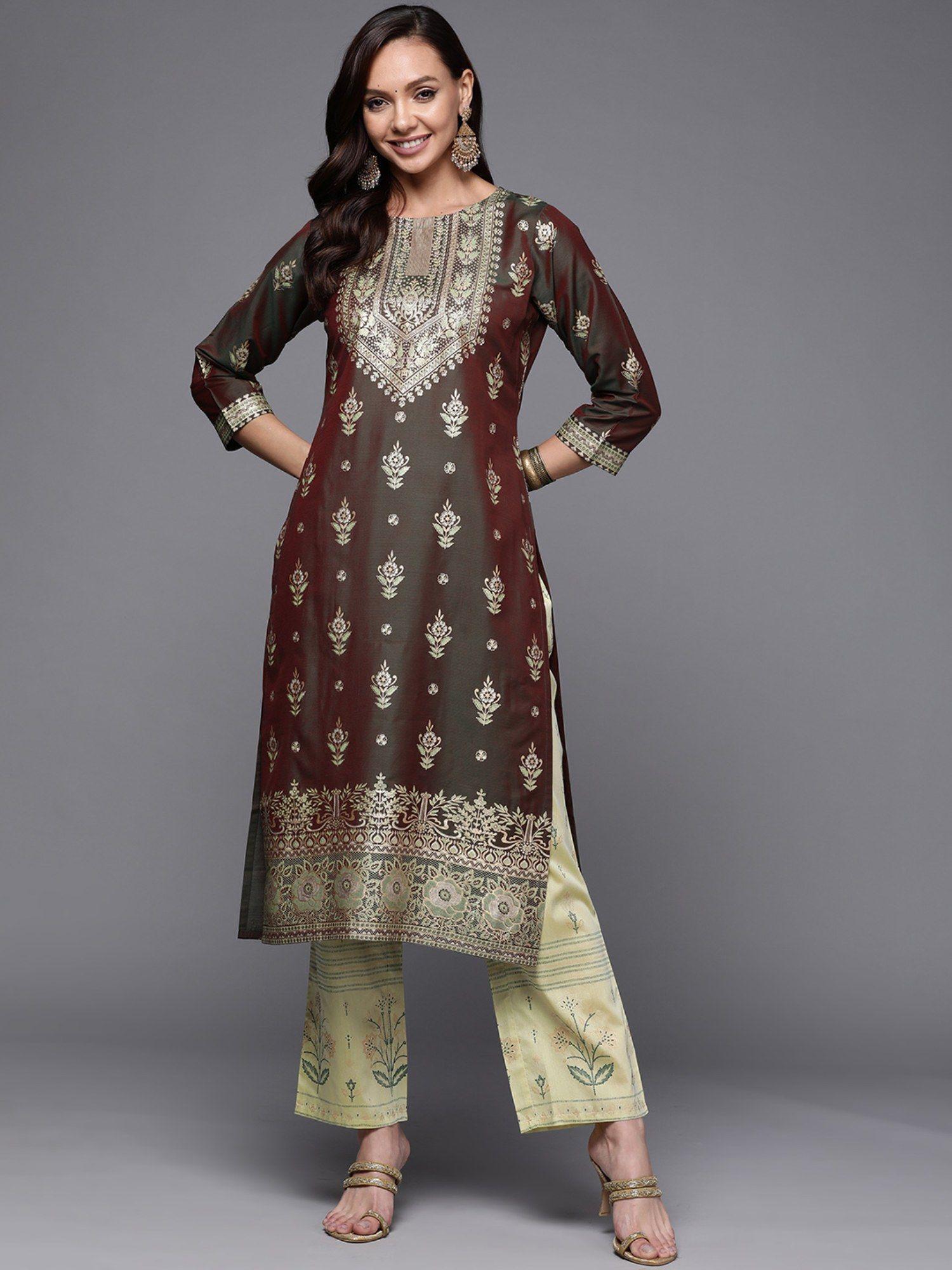 olive silk all-over floral print kurta