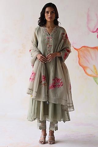 olive silk chanderi hand embroidered a-line kurta set