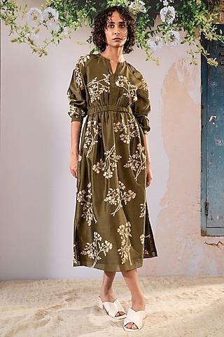 olive silk chanderi printed dress