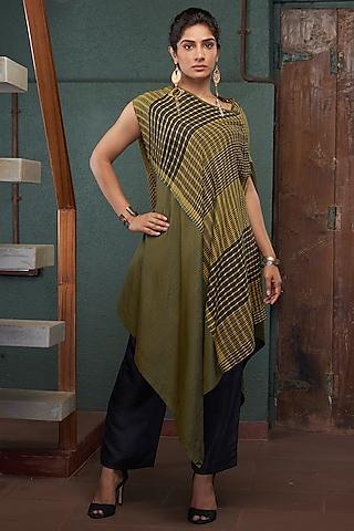 olive silk color-blocked kurta set