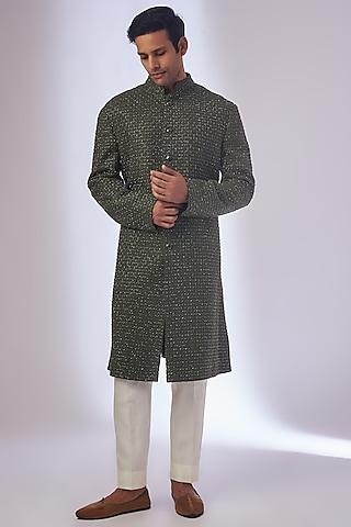 olive silk cutdana embroidered sherwani