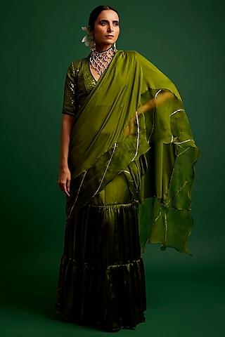 olive silk satin kasab work ruffled saree set