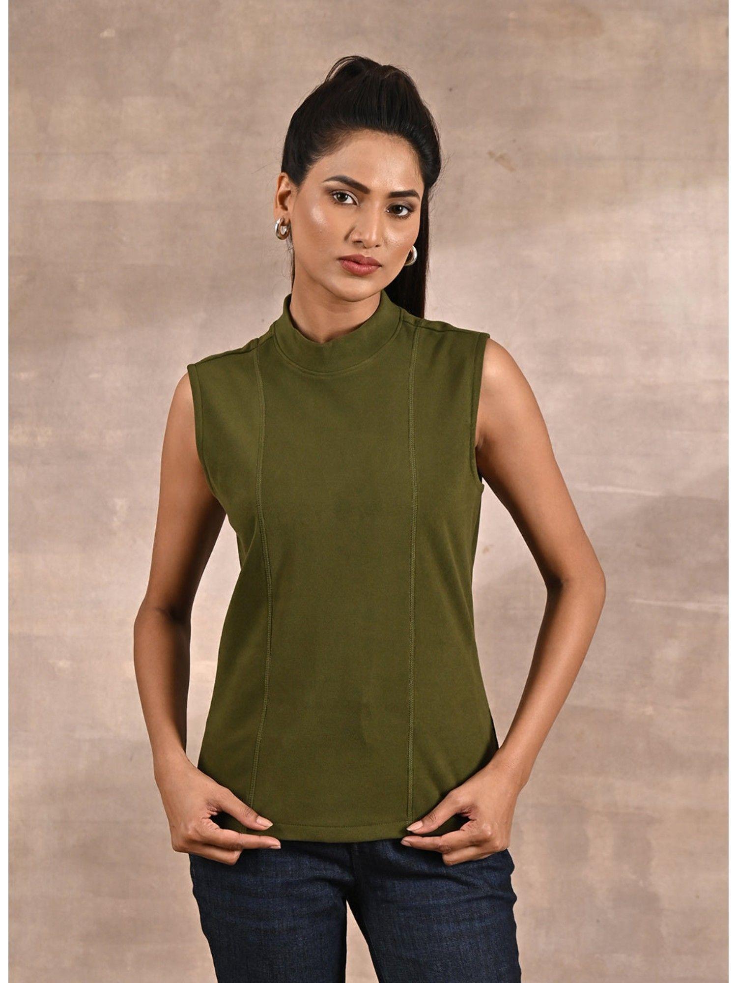 olive sleeveless top with fine stitch detailing