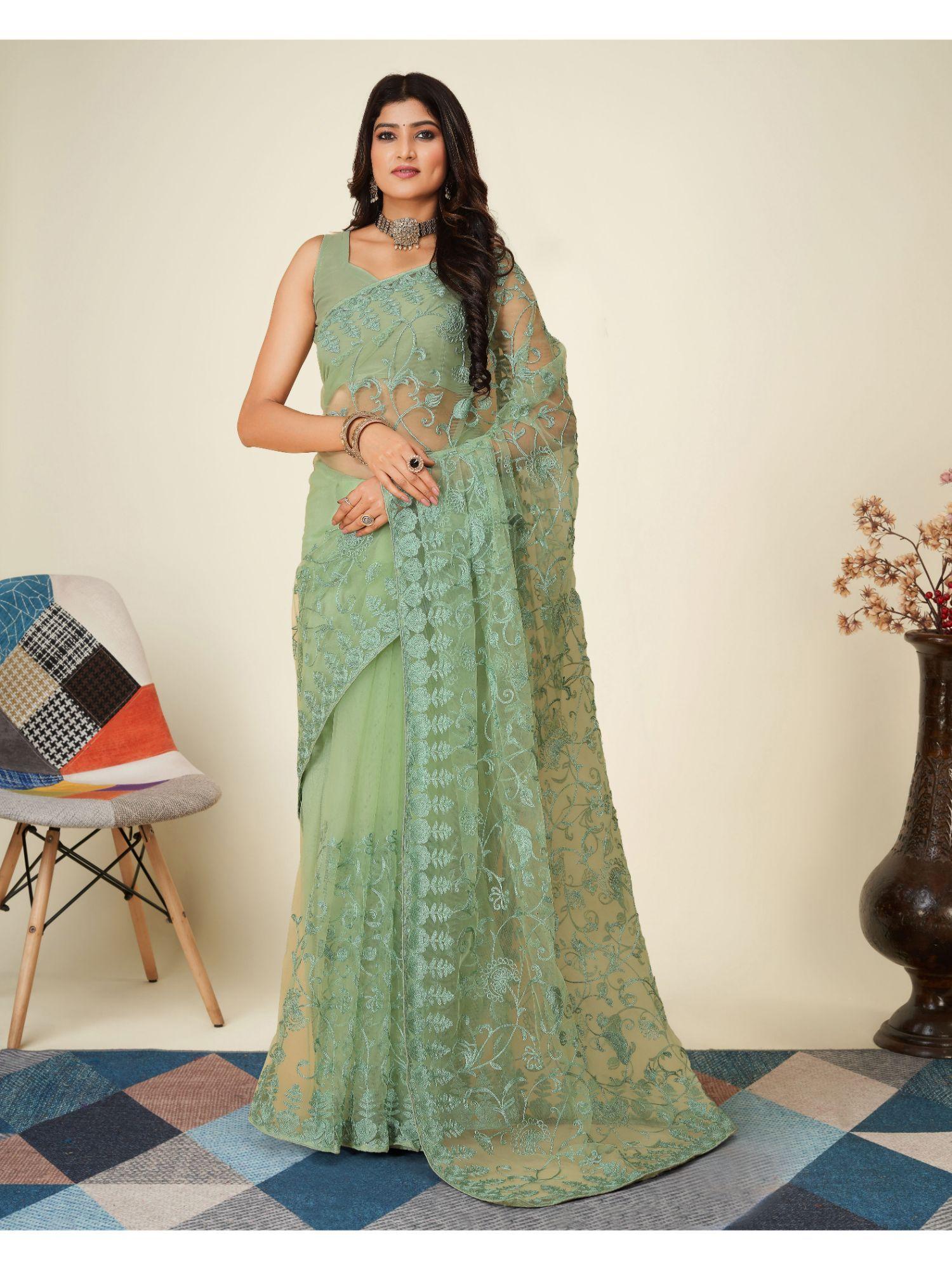 olive soft chiffon embroidery saree & mono banglory with unstitched blouse