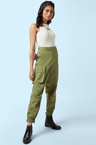 olive solid ankle-length high rise casual women jogger fit jogger pants