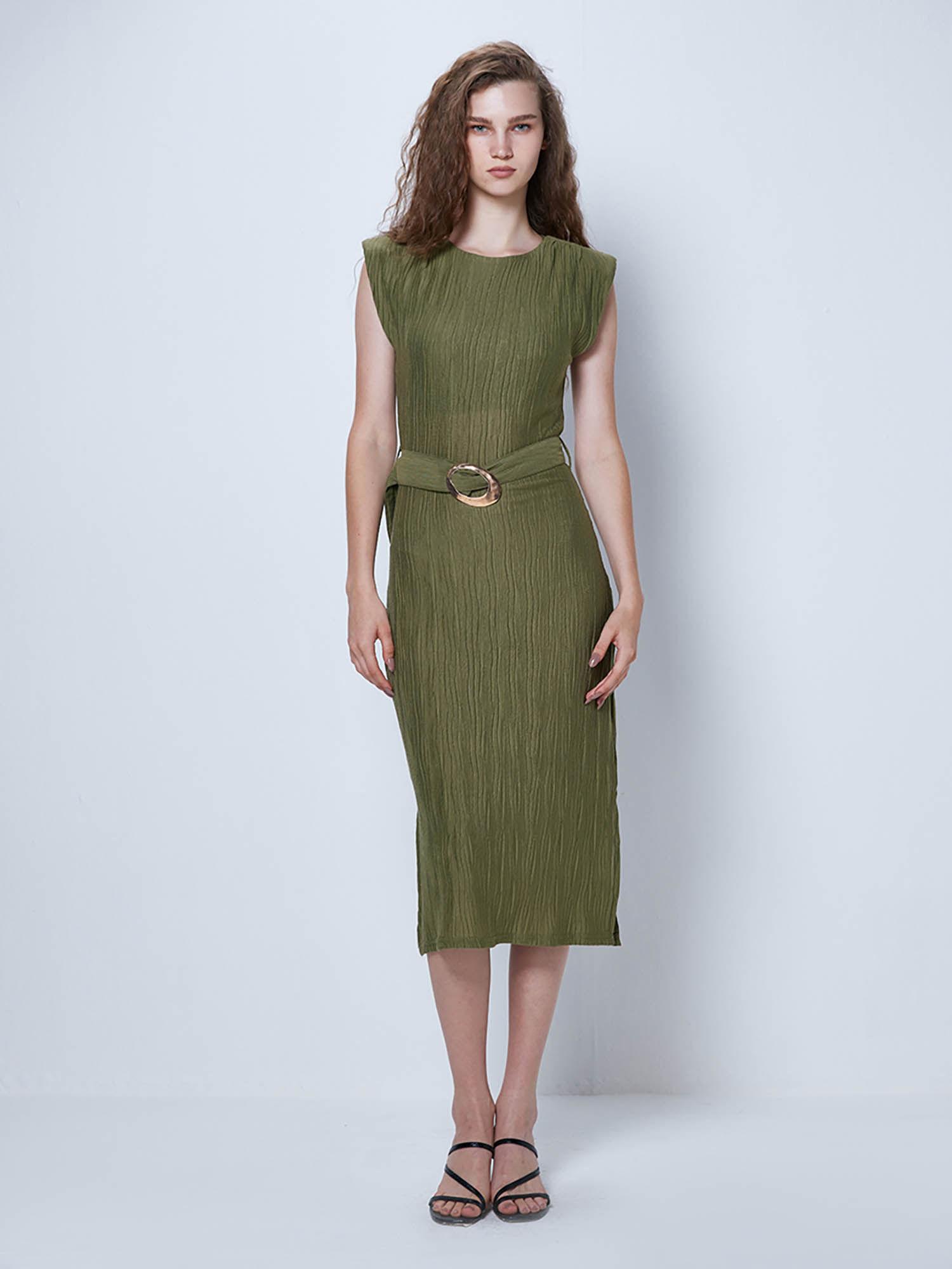 olive solid bodycon midi dress (set of 2)