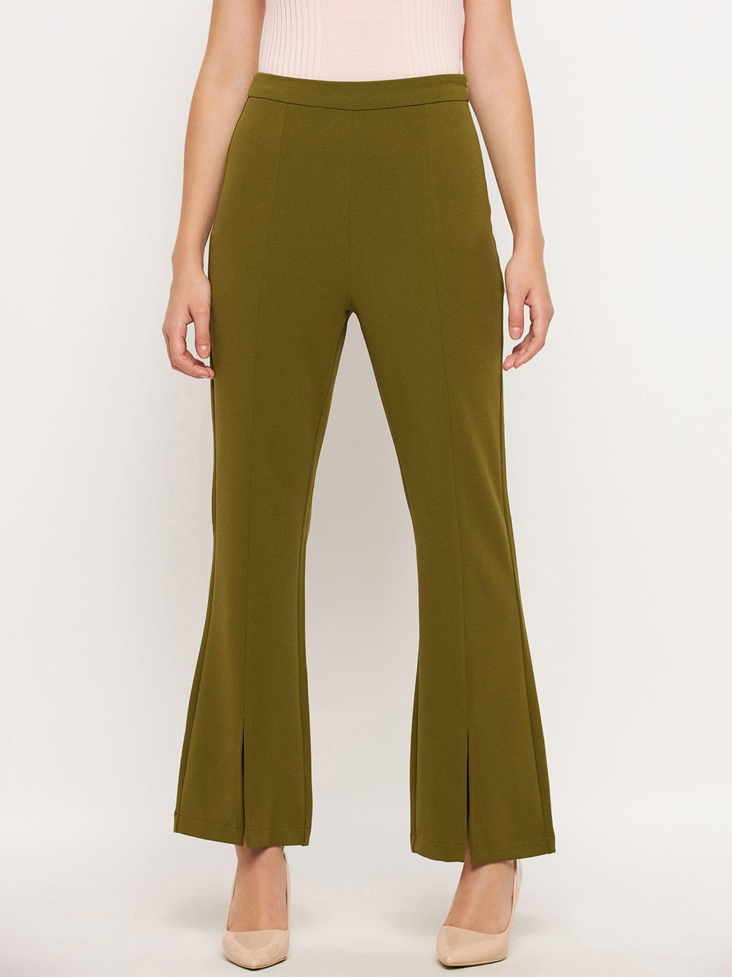 olive solid boot cut fit trousers