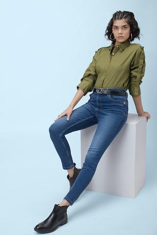 olive solid casual full sleeves regular collar women comfort fit shirt