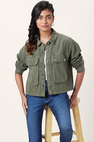 olive solid casual full sleeves regular collar women regular fit jacket