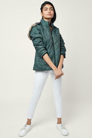 olive solid casual full sleeves regular hood women regular fit jacket