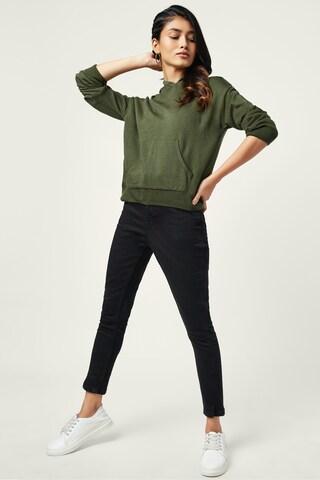 olive solid casual full sleeves regular hood women regular fit sweater