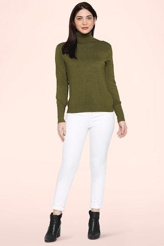 olive solid casual full sleeves turtle neck women regular fit sweater