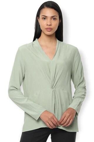 olive solid casual full sleeves v neck women regular fit top