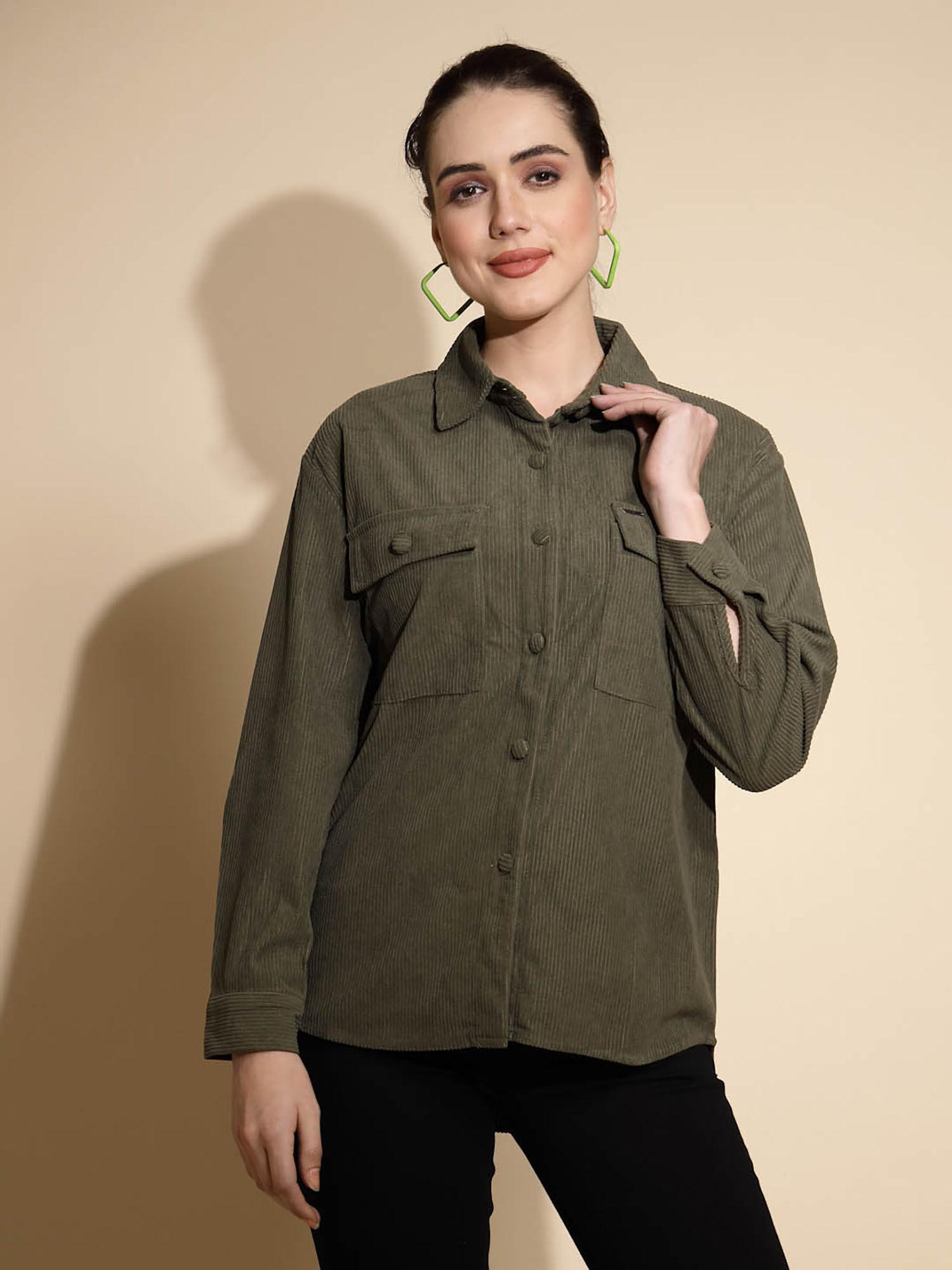 olive solid full sleeve cotton shirt