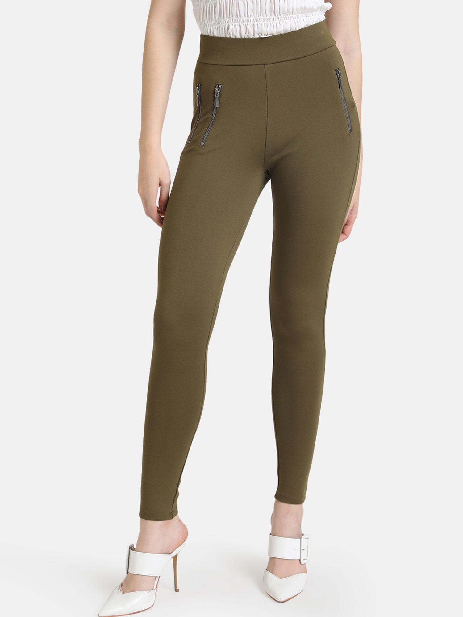 olive solid jegging with metal zippers