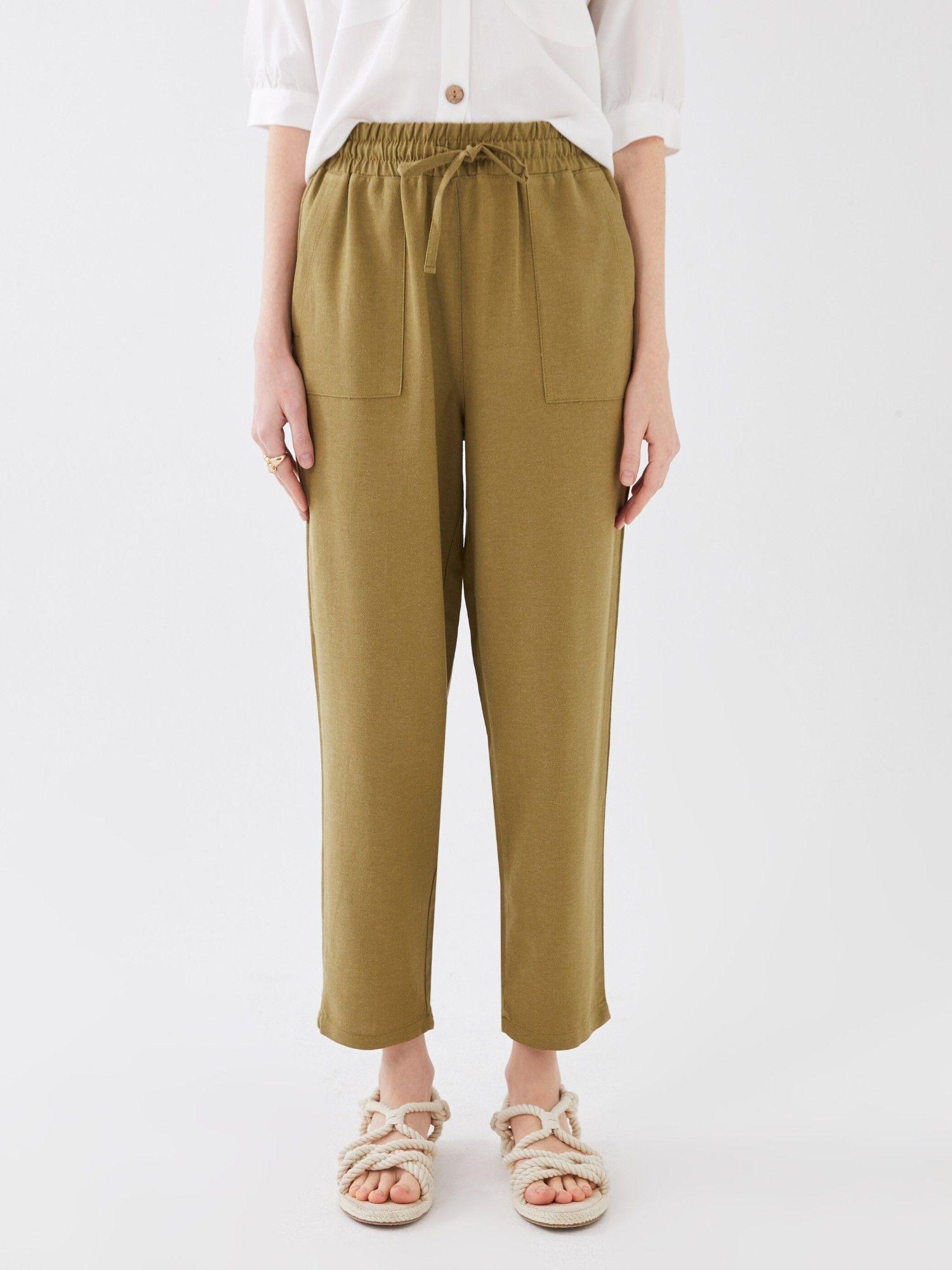 olive solid linen pants