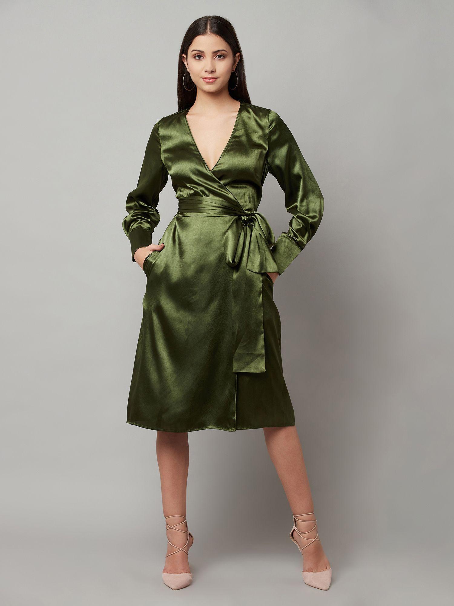 olive solid-plain shade wrap dress
