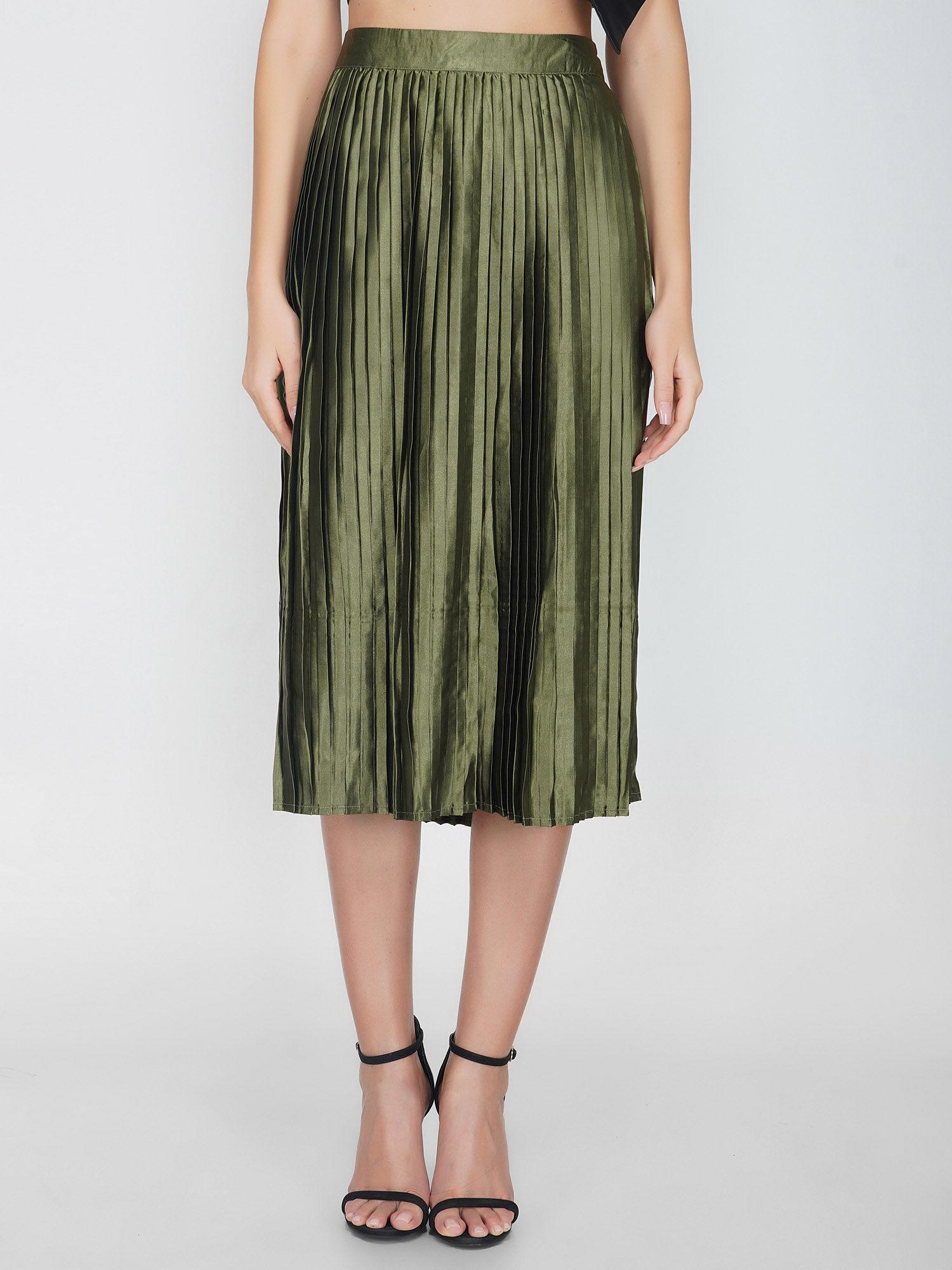 olive solid pleated skirt