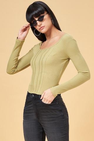 olive solid polyester rayon spandex square neck women slim fit tops