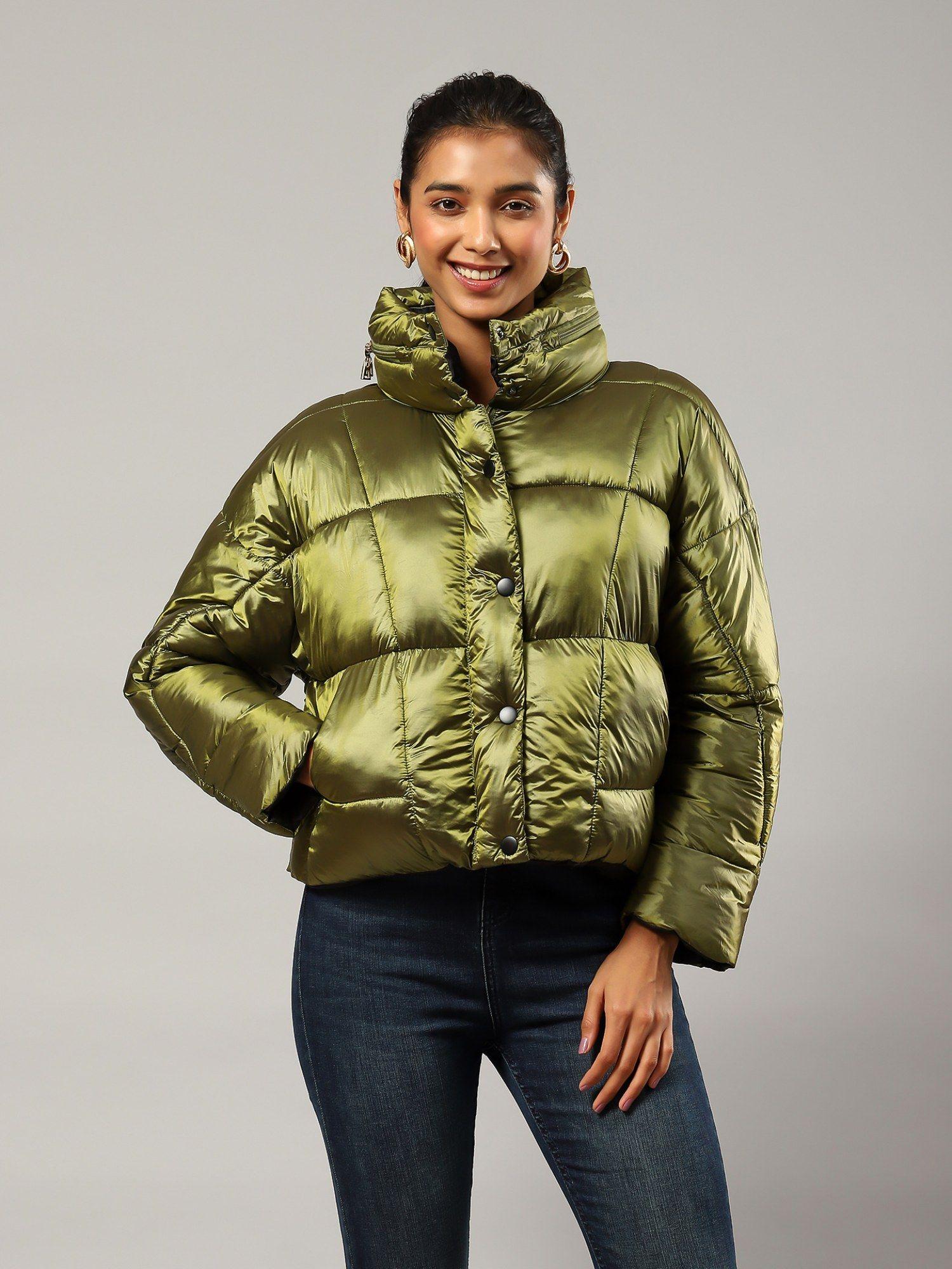 olive solid puffer slit pocket jacket