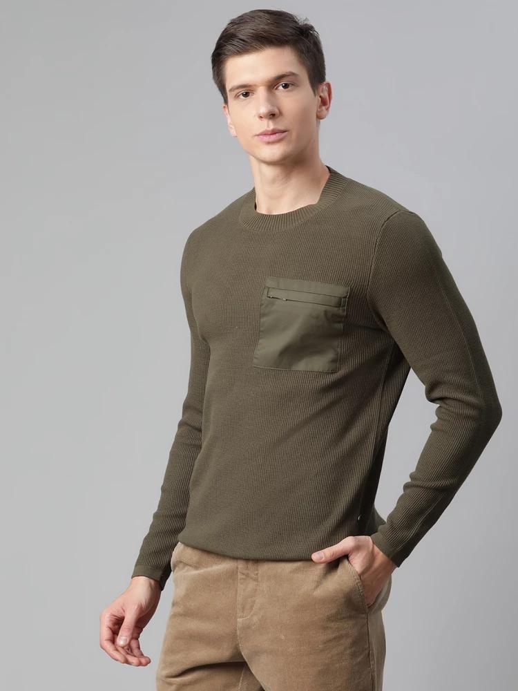 olive solid round neck sweater