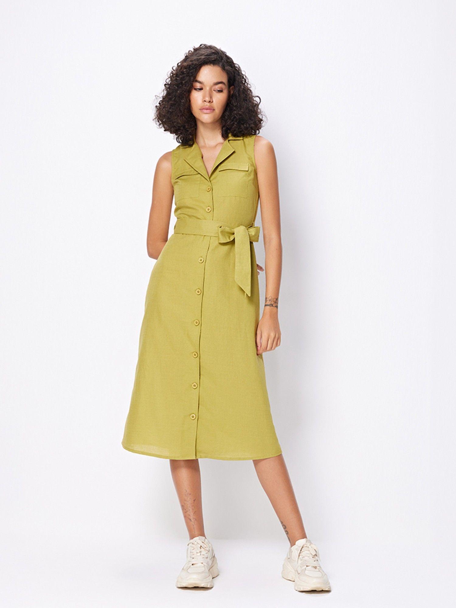 olive solid shirt midi dress (set of 2)